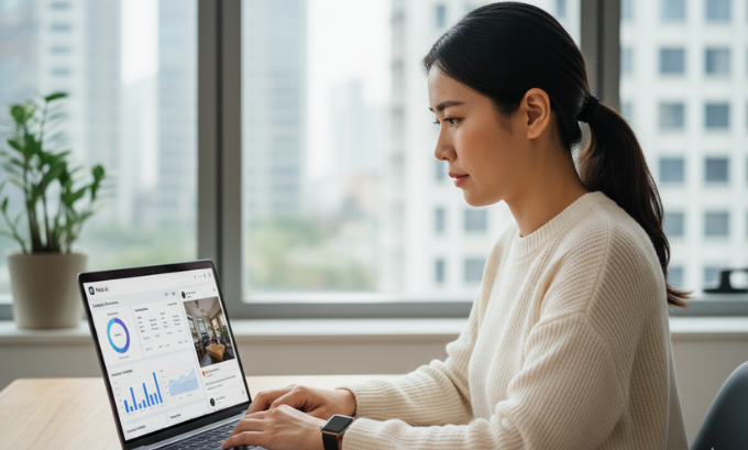 Business owner using Meta AI to generate social media captions and marketing ideas