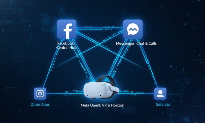 Digital network showing connections between Facebook, Messenger, and Meta Quest headset