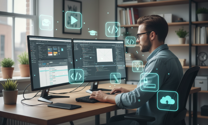 Instructional designer creating e-learning content on computer
