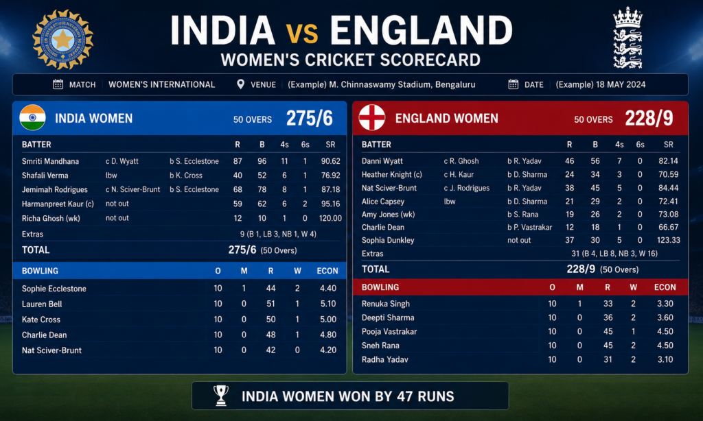 India vs England Women's Cricket Scorecard