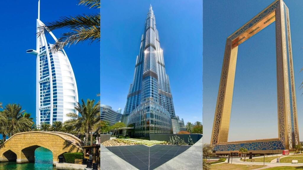 Travel destinations in Dubai featuring iconic landmarks, beaches, and desert adventures