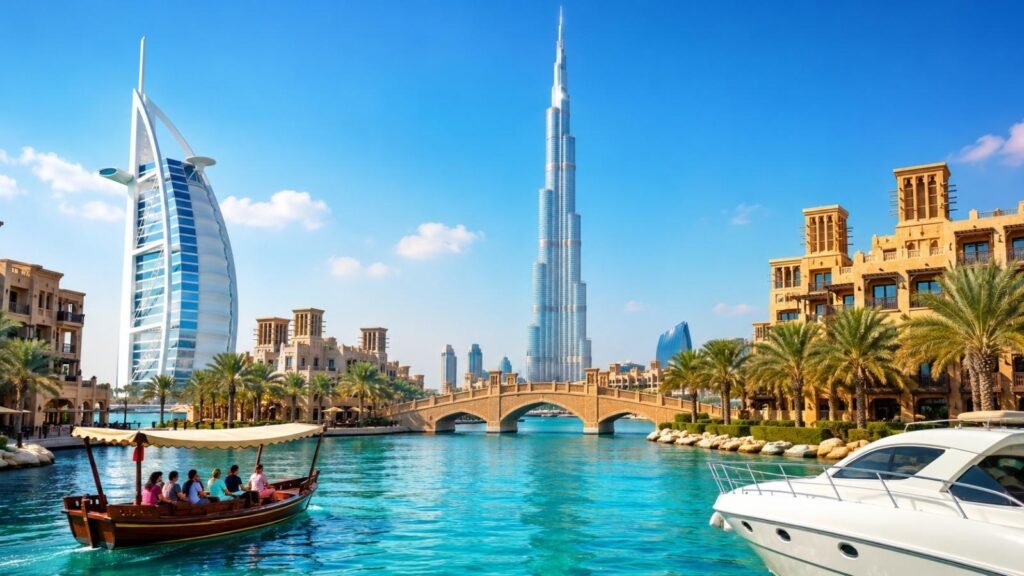Dubai Tourist Attractions featuring Burj Khalifa, Palm Jumeirah, Dubai Marina, and the city's iconic skyline