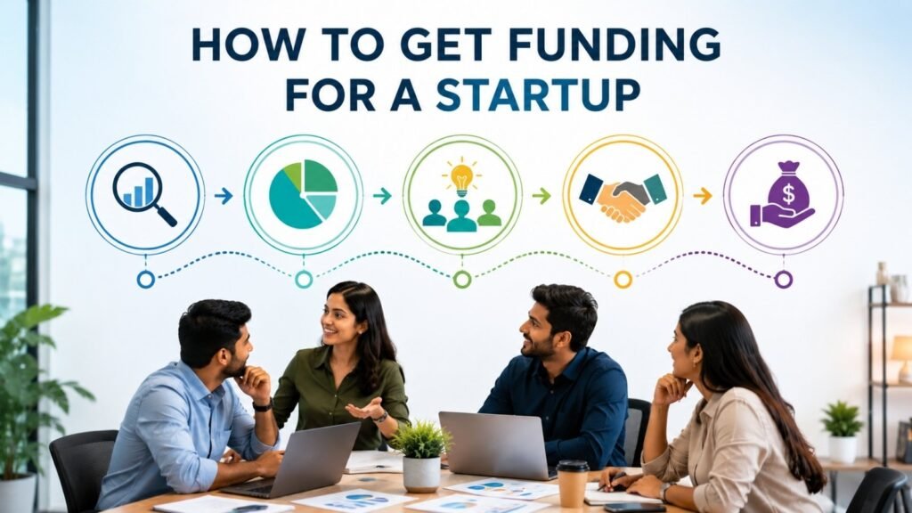How to Get Funding for a Startup with entrepreneurs presenting a business pitch to investors