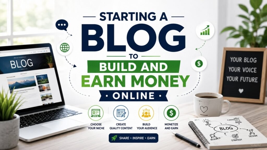 Starting a Blog guide showing website setup, content creation, SEO, and online income strategies