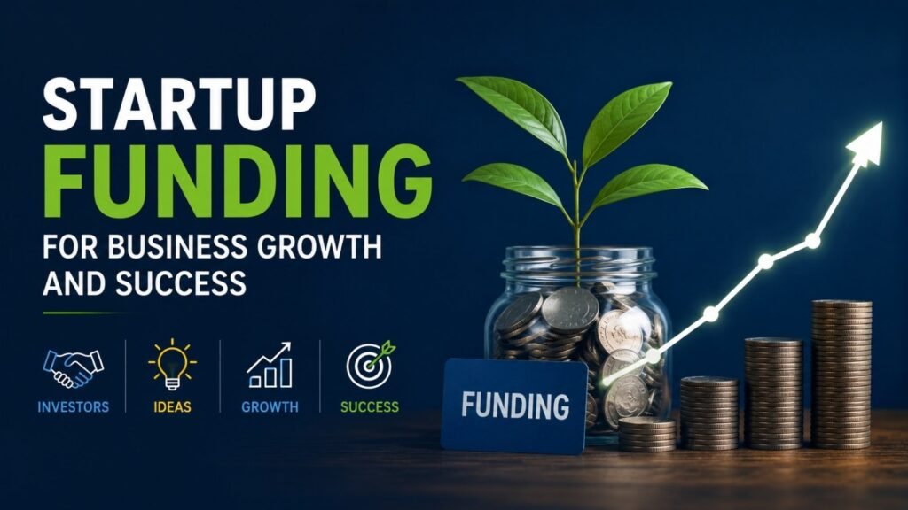 Startup Funding showing entrepreneurs securing investment from angel investors and venture capital firms