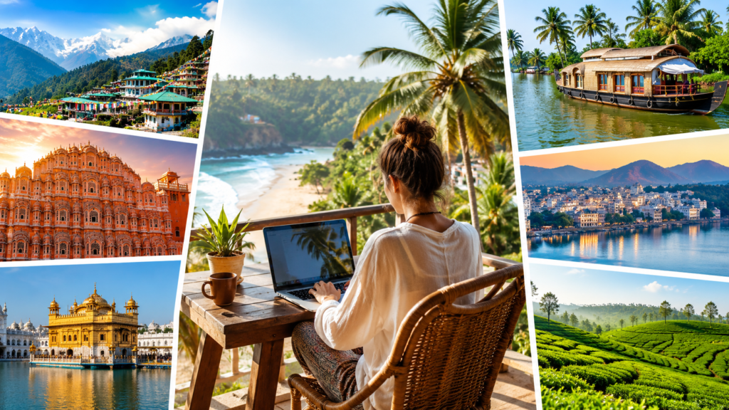 Best Places in India for Digital Nomads featuring a remote worker with a laptop overlooking a scenic Indian landscape