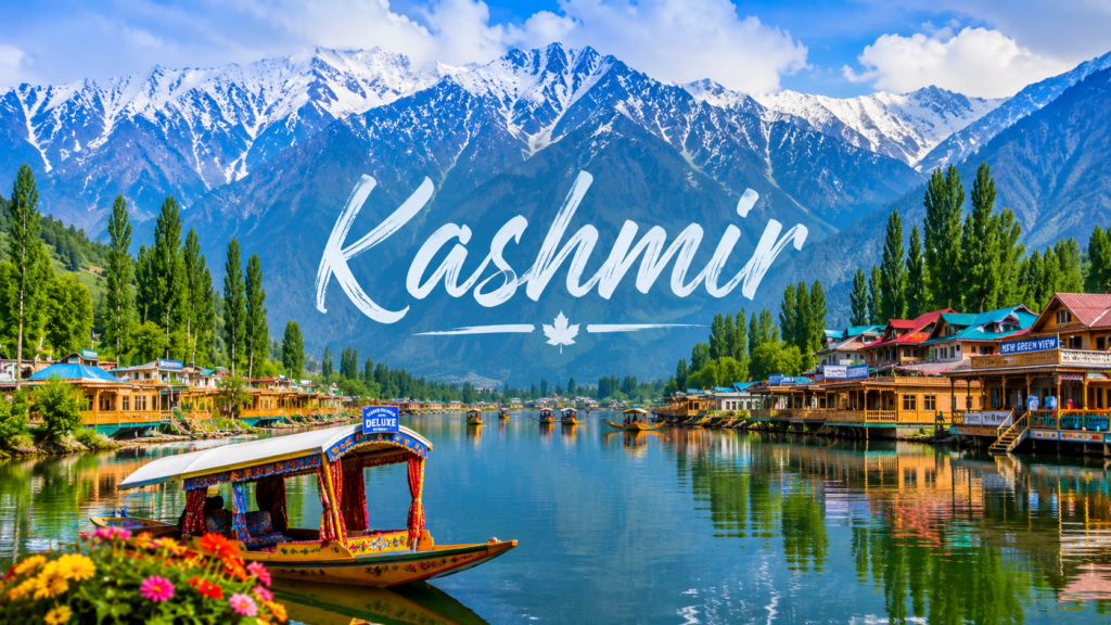 Kashmir landscape with Dal Lake and snow-covered Himalayan mountains