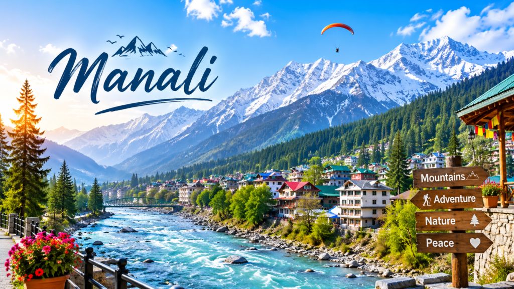 Manali in 2026 featuring snow-covered mountains and the Beas River